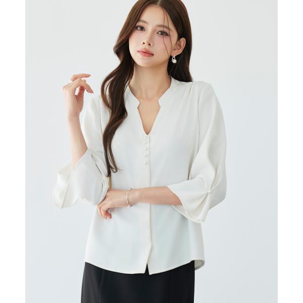 レディース ブラウス シャツ トップス オフィスカジュアル 通勤 七分袖 長袖 ツイル生地 スキッパ...