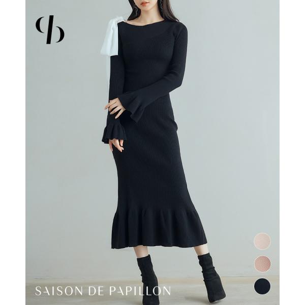 ワンピース レディース ドッキングワンピース ミモレ丈 布帛リボン ニット マーメイド裾 配色 ボー...