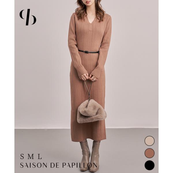 ジョニーカラー Vネックニット ニットワンピース スレンダーライン バックスリット マキシ オフィス...