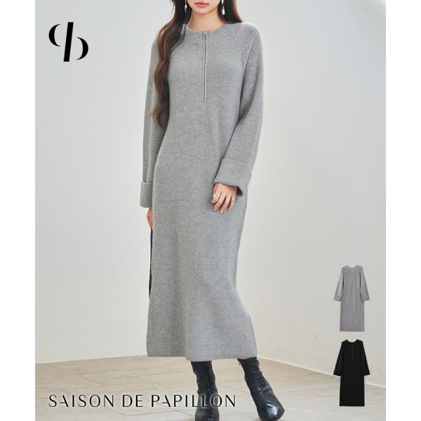 ワンピース レディース ニットワンピース 畦編み リブニット  Iライン ラグランスリーブ ミディ丈...