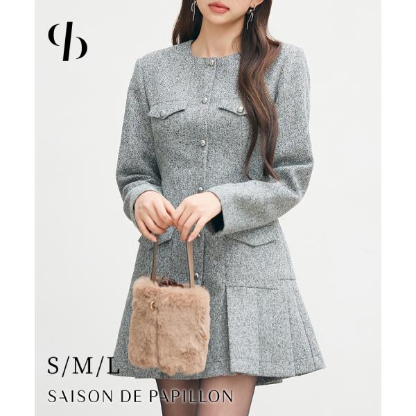 ワンピース レディース ツイードワンピース 長袖 ミニ丈 ツイード素材 ボックスプリーツ プリーツス...