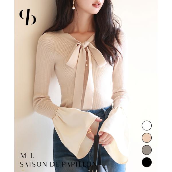 リボン襟 ニット プルオーバー トップス レディース 長袖 無地 袖口フレア 異素材 ドッキング サ...