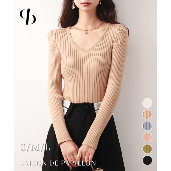 ニット レディース リブニット プルオーバー Vネック 秋冬 長袖 ぴったりフィット タック入りスリ...