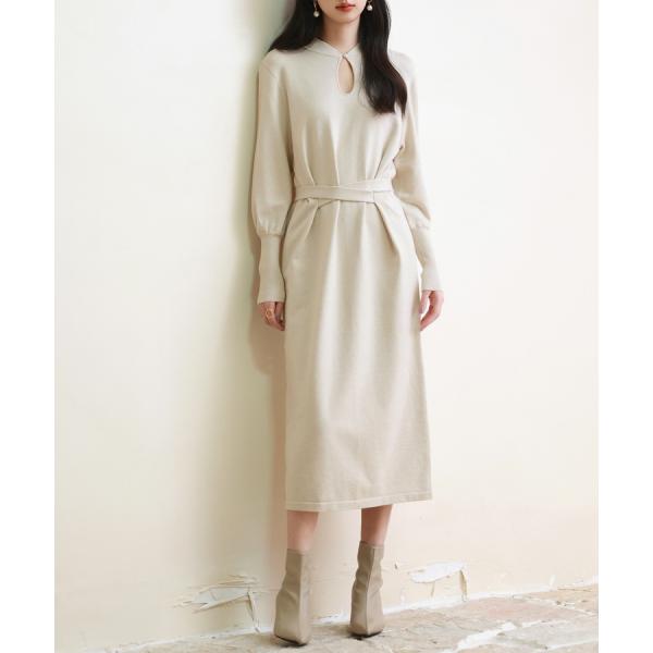 ニットワンピース ワンピース 長袖 レディース ニット ハイゲージ 涙開き マトンスリーブ ミモレ丈...