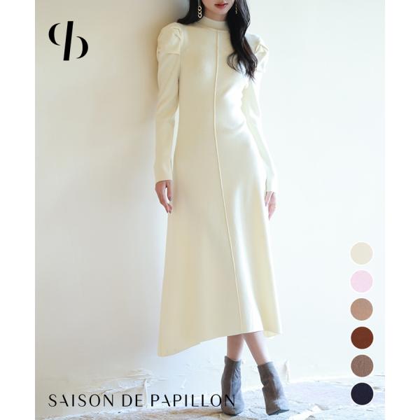 ワンピース レディース ニットワンピース ミモレ丈 プチハイネック 長袖 ギャザースリーブ ハイゲー...