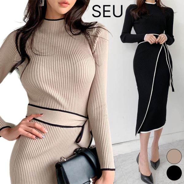 レディース ニット ワンピース タイトワンピース ラップ風 ニットワンピ パイピング入り 配色ワンピ...