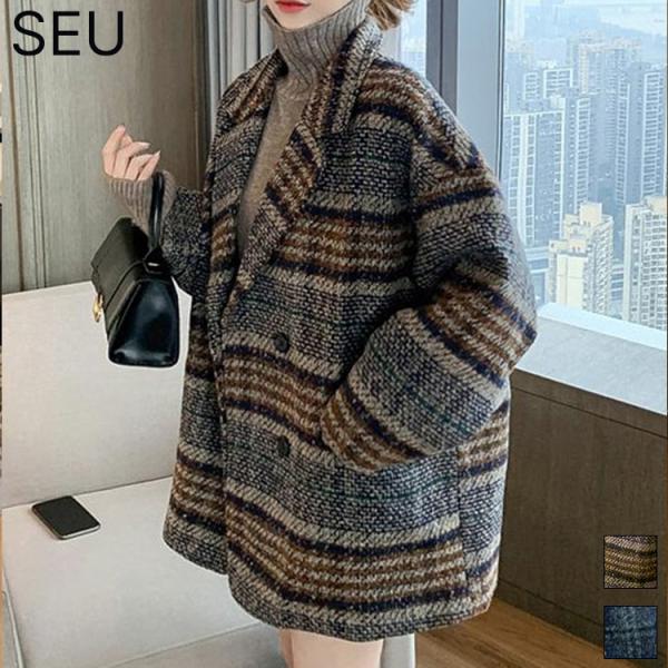 ジャケットコート レディース アウター 秋冬 厚手 オーバーコート 防寒 おしゃれ チェック柄アウタ...