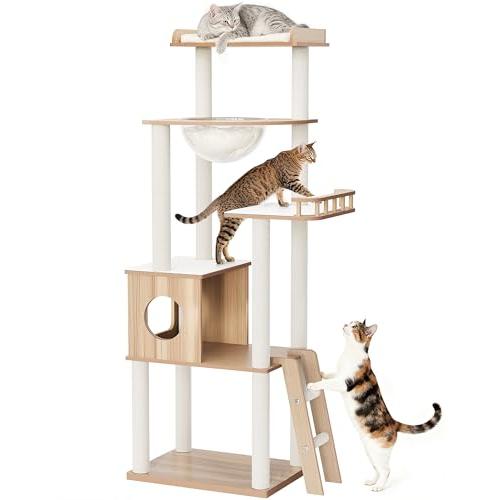 OROPY キャットタワー 据え置き型 木製 157cm 5段猫タワー 多頭飼い 大型猫対応 短足猫...