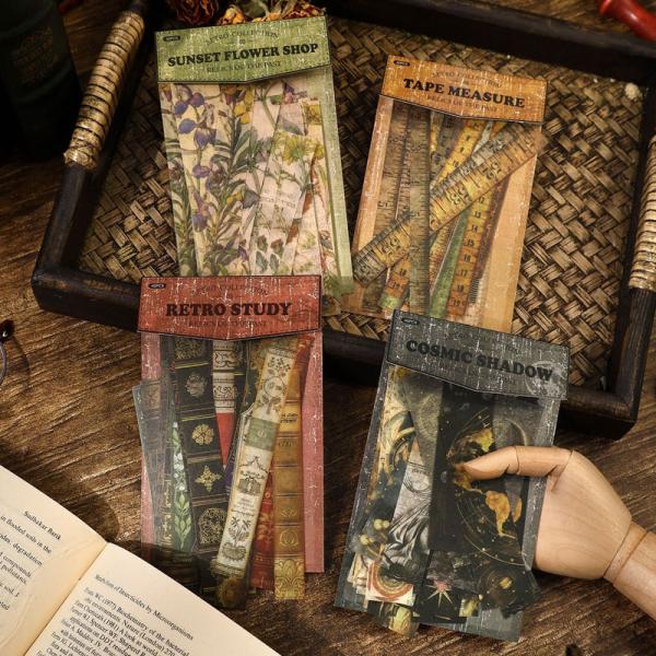 コラージュ 素材 シール 宇宙 星 月 背表紙 本 植物 メジャー 定規 メモリ 栞 手帳 ジャンク...