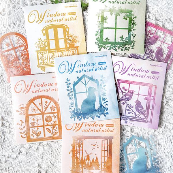 ST665 影絵 シルエット 窓 窓枠 フレーム 猫 子供 リス 小鳥 植物 PET コラージュ素材...