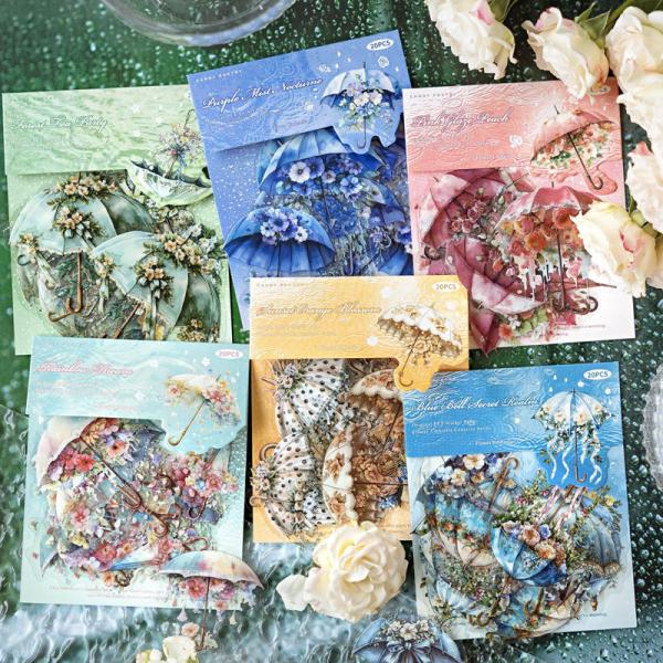 ST719 雨傘 花 梅雨 雨 アンブレラ 傘 大雨 コラージュ素材 コラージュ シール ステッカー...