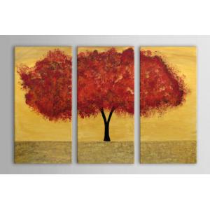 アートパネル　『赤茶色の葉の茂る木』　30x60cm x 3枚組セット　手描き　インテリア｜ec71276