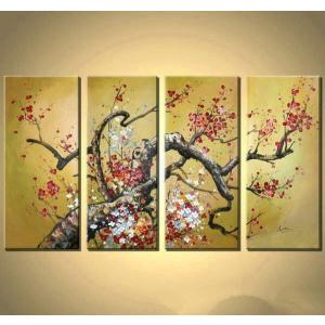 アートパネル　『梅の木III（プラム）』 25x50cm x 4枚組セット　手描き　インテリア｜ec71276