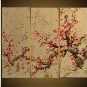アートパネル　『桜花』　30x90cm x 3枚組セット　手描き　インテリア　サクラ 桜の木｜ec71276