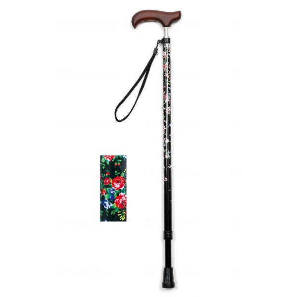 ギフトボックス仕様 夢ライフステッキ スリムネック伸縮スリムタイプ(柄) ブラックフローラル