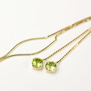 ピアス レディース 18金 18k K18 ゴールド 揺れる ペリドット アメリカンチェーン ロング...