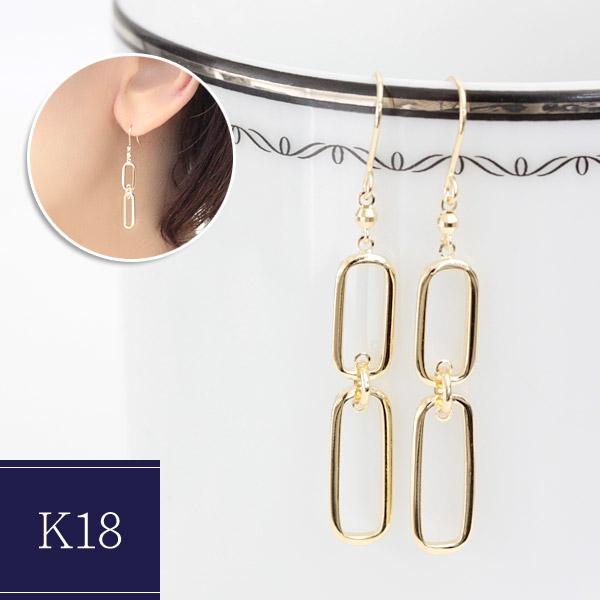 ピアス 18k K18 18金 イエローゴールド レディース オーバルデザイン 二連 縦長 イタリア...