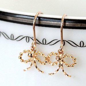 ピアス レディース 18金 18k K18 K14WG ゴールド 揺れる リボン アメリカンフック