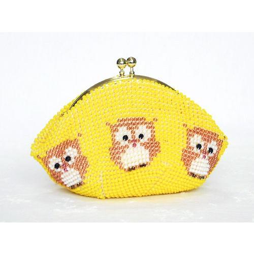 [TA001]ビーズ編み【がま口】丸サイフ/ふくろう柄イエロー[RPT]