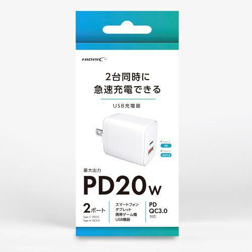 HDAC2P20WH HIDISC 2台同時に急速充電できるUSB充電器 USB-C x1 Ax1 ...