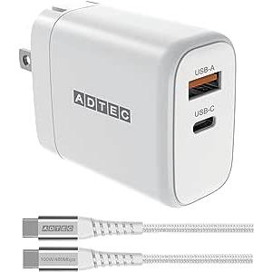 PD充電器 65W 2ポート 長い2m Type-Cケーブル付属 eMarker搭載100W USB...