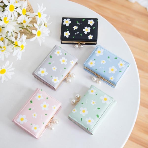 財布 折財布 三つ折り 合成皮革 口金 がま口 パール 花 韓国 薄型 小銭入れ 使いやすい 小さめ...