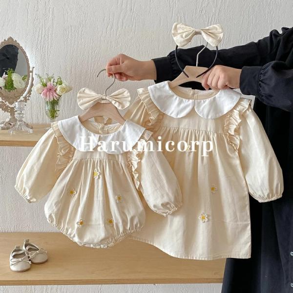 ベビー服 姉妹コーデ ヘアアクセサリー付き ロンパース ワンピース 長袖春秋ドレス 蝶結び 女の子 ...