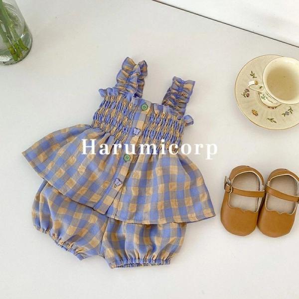 セットアップ キッズ 女の子 子供服 上下セットチェック柄 tシャツ ガウチョパンツ おしゃれ 可愛...