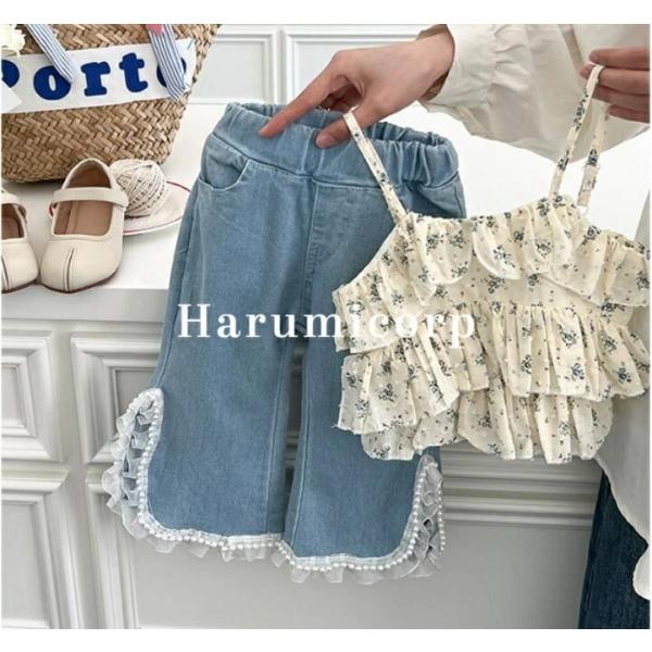 キッズ セットアップ 女の子 子供服 夏服花柄 tシャツガウチョパンツ トップス ズボン真珠おしゃれ...