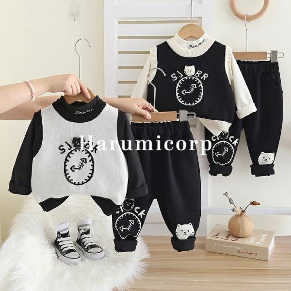 セットアップ キッズ ベビー服 3点セット猫 男の子 女の子 双子tシャツ 春秋冬 長袖 ズボン 子...