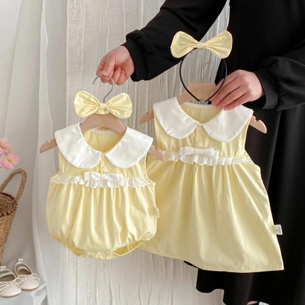 ベビー服 姉妹コーデ ヘアアクセサリー付き ロンパース ワンピース ドレス 蝶結び 女の子 ベビー ...