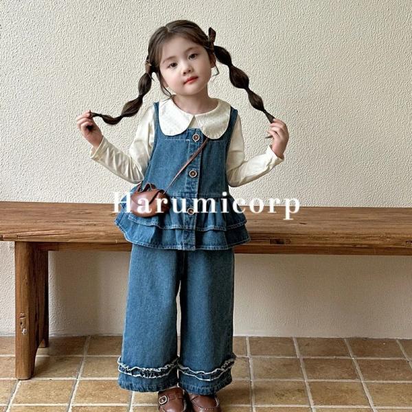 ペプラム デニム セットアップ キッズ 子供服 女の子 トップス ブラウス 長袖 カットソー デニム...