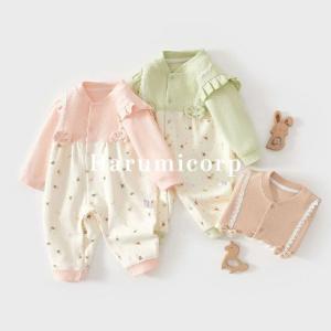 ロンパース ベビー 蝶結び 襟付き 女の子 男の子 ベビーロンパース 長袖 おしゃれ 秋 冬 前開き 赤ちゃん ベビー服 カバーオール キッズ 総柄 パジャマ 綿 コッ