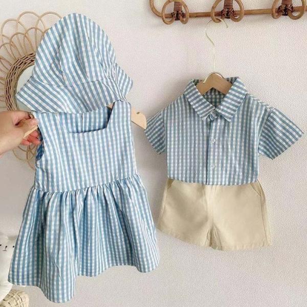 セットアップ キッズ ワンピース 兄妹服 上下セット 女の子 男の子 ベビー服 シャツ 半袖 ストラ...