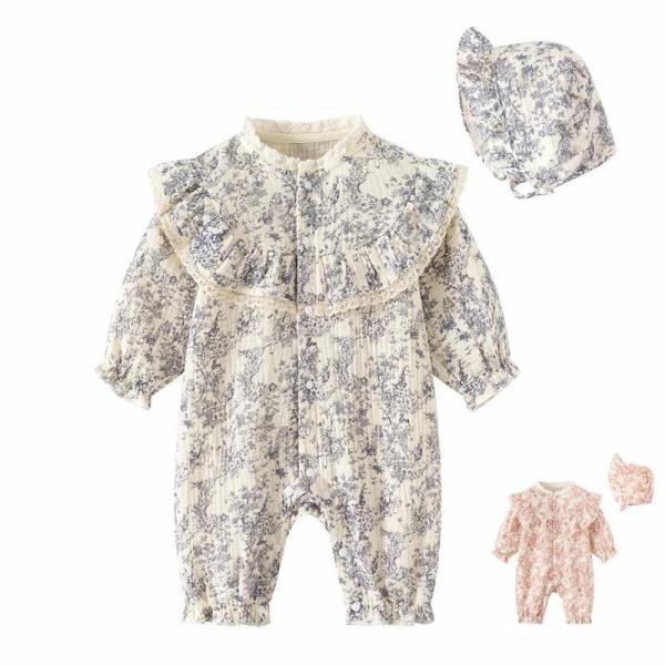 ロンパース ベビー服 セレモニードレス 長袖 帽子付き お宮参り カバーオール キッズ 花柄 新生児...