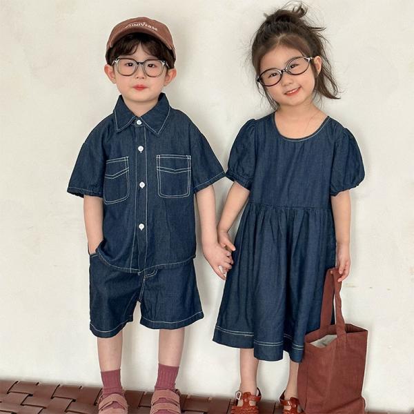 セットアップ キッズ ベビー服 夏 デニムワンピース 半袖 女の子 兄妹 服 上下セット 男の子 シ...