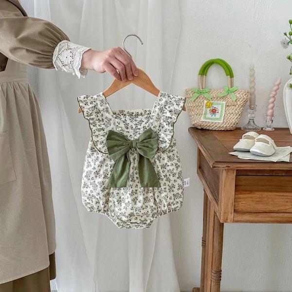 セレモニードレス 女の子 春 夏 新生児 退院 お宮参り 蝶結び 緑 花柄 退院着 春夏 ロンパース...