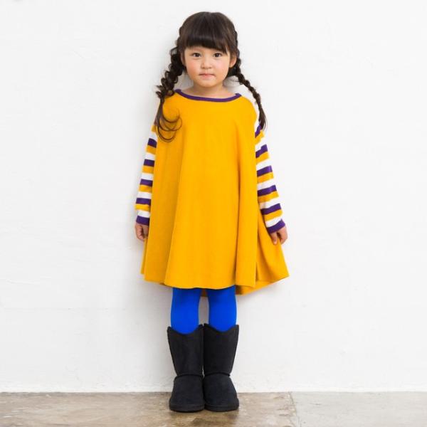 【80cm〜130cm】 子供服 ベビー服 袖ボーダーAラインワンピース ニット クルーネック ベビ...