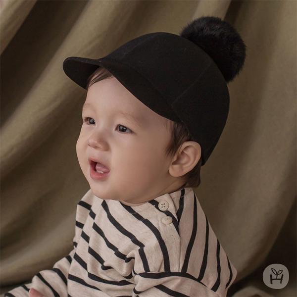 ファーポンポンフエルトCAP 帽子 ブラック happy prince ベビー baby KIDS ...