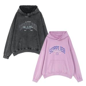 サプライヤー SUPPLIER カレッジロゴフーディ M,L,XLサイズ ピンク グレー/灰 メンズ トップス プルオーバーパーカー VINTAGE WASH COLLEGE LOGO HOODIE｜ecoandstyle