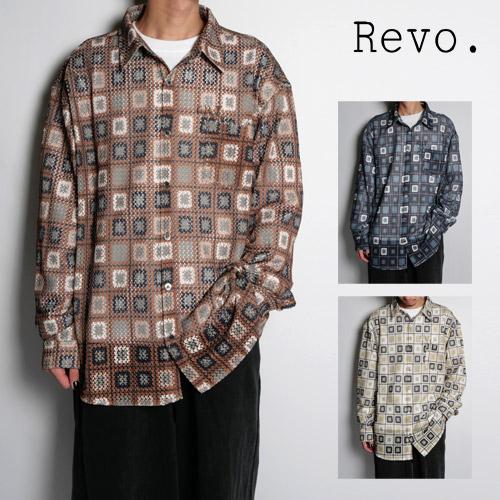 レヴォ Revo. クロシェパターンプリントシアーLS シャツ メンズ 長袖 ブラック/ナチュラル/...
