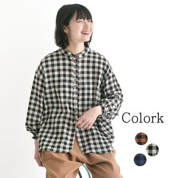 新作早割P5倍 ブラウス 綿100％ COLORK ギンガムチェックミニ襟多ボタンブラウス  春 夏...