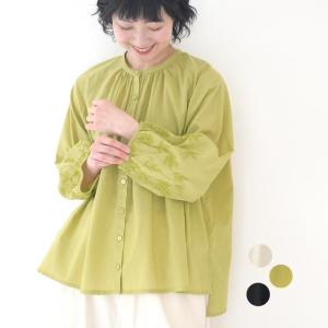 メール便可 ブラウス 涼しい レディース インド綿 袖刺繍 シャツ ノーカラー 薄手 綿100％ 25SS0523,｜ecoloco