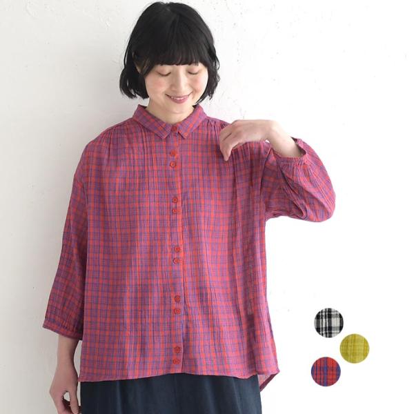クーポンあり ブラウス 先染めチェック シャツ ワッシャーコットン 綿100％ 春 夏 30代 40...