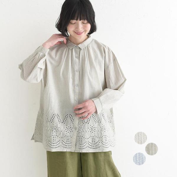 新作早割P5倍 ブラウス 裾刺繍 綿100％ キャンブリック ストライプ柄  春 夏 30代 40代...