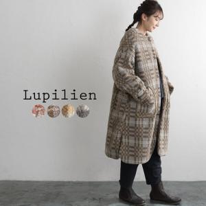 アウター コート Lupilien ボア ロングコート ノーカラー チェック クルーネック 秋 冬 レディース 2120AW1118,  　｜ecoloco