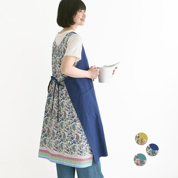 メール便可 エプロンチュニック 草花ペイズリー柄 ジレ レディース ワンピース インド綿 前後着 2...