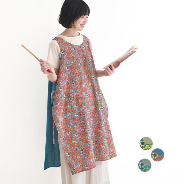 メール便可 エプロンチュニック ボタニカル柄 ジレ レディース ワンピース インド綿 前後着 2WA...