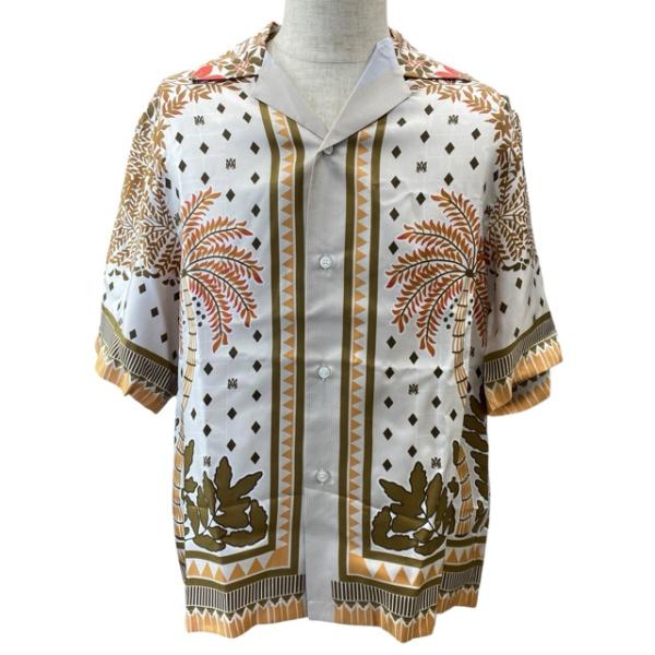 未使用 アミリ ボウリングシャツ 半袖 パームツリー プリント シルク ホワイト ブラウン メンズ ...