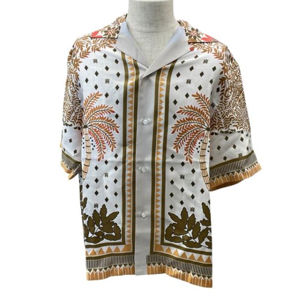未使用 アミリ ボウリングシャツ 半袖 パームツリー プリント シルク ホワイト ブラウン メンズ ...